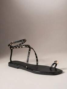 SHUZIA Women's Minimalist Elegant Rivets Decor Ankle Strap Flat Sandals - Black - View 1