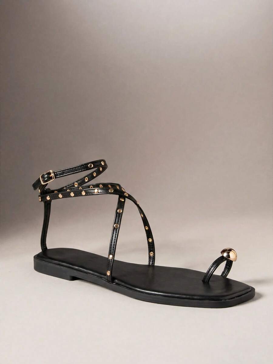 SHUZIA Women's Minimalist Elegant Rivets Decor Ankle Strap Flat Sandals - Black - View 1