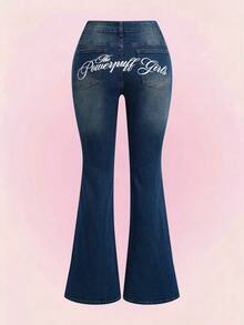 THE POWERPUFF GIRLS X SHEIN Women's Cartoon Print Flare Jeans School Navy Blue Autumn Y2k Casual - Blue - View 2