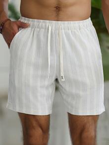 Manfinity Homme Plus Size Men's Vertical Stripe Drawstring Waist Casual Loose Shorts - Beige - View 3
