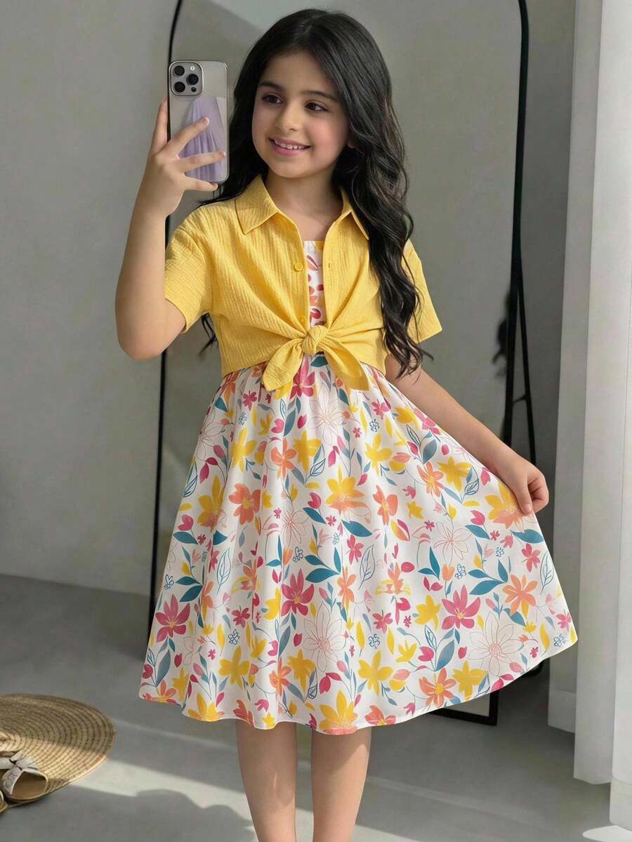 Conjunto de 2 piezas para niña KidsTween: camisa casual de vacaciones con nudo, chaqueta abierta con botones delanteros y vestido de tirantes finos con estampado floral menudo, amarillo - Amarillo - Ver 1