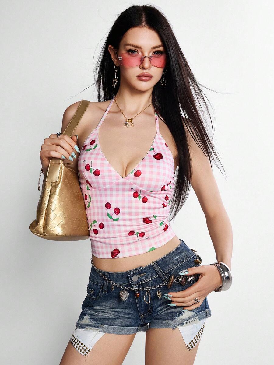 Rina Fox Women V-Neck Cherry Print Camisole, Cute White Plaid Summer Spaghetti Strap Top, Open Back Bodycon Vest, Holiday, Gingham Y2k Sexy Golf - Pink - View 1