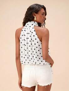 Travachic Blusa elegante de mujer con estampado de lunares y cuello de corbata, conjunto de verano para mujer, top elegante, top de lunares, top de verano - Blanco - Ver 2