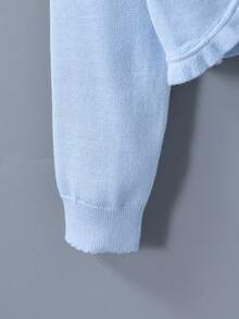 SHEIN Vintaside Kids Tween Girl Solid Color Frill Trim Single Button Knit Cardigan - Blue - View 7
