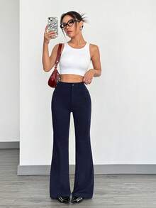 SHEIN EZwear Women's Navy Blue Fitted Flare Leg Knit Pants With Pockets - Navy Blue - View 3