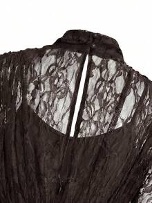 SHEIN Clasi 女款立領長袖荷葉邊蕾絲時尚迷你洋裝 - 棕色 - 查看 6