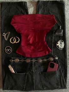 SHEIN 1pc Women Off-Shoulder Solid Color Minimalist Crop Top - Burgundy - View 2