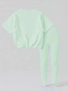 SHEIN 1套女童休閒時尚可愛甜美卡通公主圖案短袖T恤與印花內搭褲套裝，適合春/夏季外出、假期、上學、生日及其他場合 - 彩色 - 查看 2