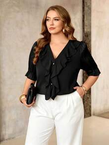 Roveilla Plus Size Women's Elegant Black Open Front Blouse With Large Ruffle Trim, Chiffon Patchwork Mid-Sleeve, Commute Formal Dinner Office Exquisite Red Top - Black - View 4