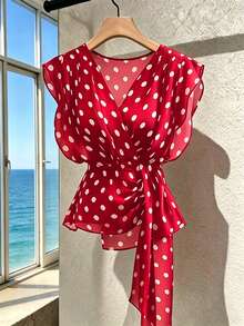 SHEIN Franclia Women's French Polka Dot V-Neck Premium Mesh Sleeveless Blouse, Fashionable Tie-Up Flutter Sleeve Chiffon Tank Top - Red - View 1