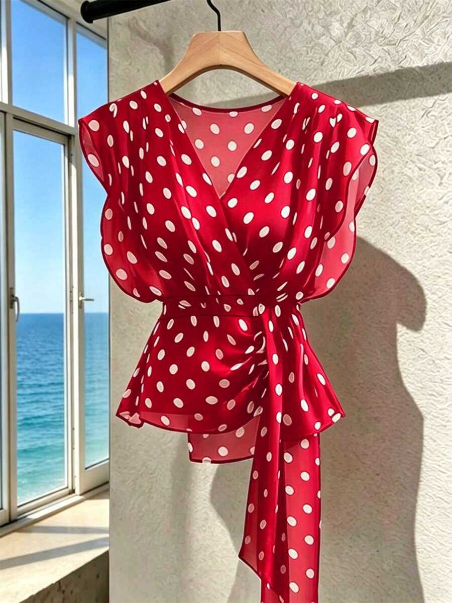 SHEIN Franclia Women's French Polka Dot V-Neck Premium Mesh Sleeveless Blouse, Fashionable Tie-Up Flutter Sleeve Chiffon Tank Top - Red - View 1