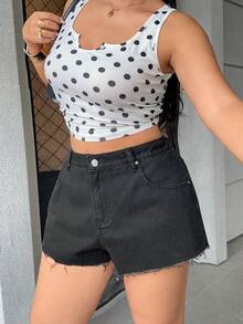 SHEIN Plus Size Summer Casual Denim Shorts - Black - View 6