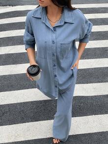 Dazy Tall Women's Lapel Long Sleeve Stitch Decor Open Front Shirt And Loose Straight Leg Pants Urban Casual Denim Set - Light Wash - View 8