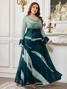 Reflora Plus Size Elegant Party Contrast Print Bell Sleeve Dress Fall - Multicolor - View 5