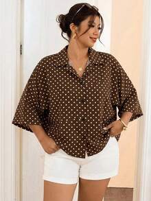 SHEIN Frenchy Plus Size Women's Polka Dot Print Short Sleeve Single Breasted Casual Shirt Fall - Multicolor - View 6