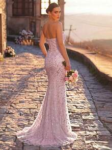 Glamrae Elegantes luxuriöses trägerloses Meerjungfrau-Kleid aus elastischem Strick mit Perlen, Pailletten, 3D-Blumenstickerei und Patchwork-Stoff, sexy, für Hochzeitsveranstaltungen, Junggesellinnenabschied, Urlaub, Abschlussball und Abendgala (Stil mit aufwendiger Verarbeitung) - Pink - Übersicht 2