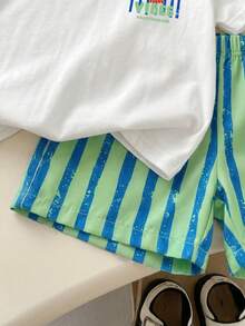 SHEIN Playful Pals 小龍蝦印花 2 件組幼兒夏季度假前後穿著 T-shirt，彈性腰條紋 S 號 - 彩色 - 查看 6