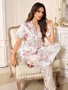 LuxeNights Elegant Floral Print Satin Front Button Patch Pocket Short Sleeve Long Pants Women's Pajama Set Loungewear - White - View 4
