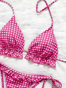 Swim Mod 女款夏季海灘純色荷葉邊掛脖綁帶兩件式比基尼泳衣套裝 - 彩色 - 查看 4