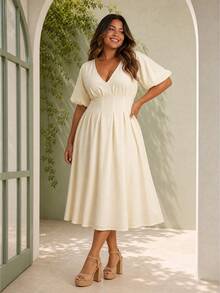ELLERISSA Curve Elegant White Summer Party Midi Dress,Puff Sleeve Box Pleated V Neck A Line Structured Gown,Plus Size Women's Formal Work Outfits - White - View 3