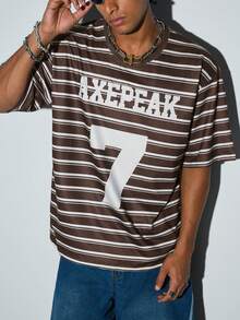 Men's Loose Fit #7 Striped T-Shirt, Retro American Street Style Casual Short Sleeve Top - Brown - View 6