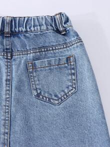 Girls' Denim Skirt, Light Blue Washed Denim, Side Slanted Pockets, Back Double Patch Pockets, Colorful Heart Embroidery, A-Line Straight Mid-Length, Back Slit Design, Suitable For Spring And Autumn, Can Be Paired With T-Shirt, Shirt Or Knitwear, Suitable For Daily Commute, Casual Shopping And Campus Scenes - Light Wash - View 6