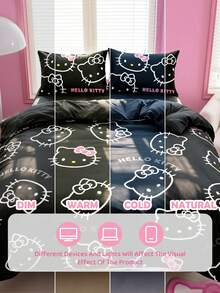 HELLO KITTY AND FRIENDS | SHEIN 3件組可愛卡通印花被套組，磨砂材質，柔軟保暖，多尺寸可選，適用單人床/雙人床/加大雙人床/特大雙人床 - 黑粉色 - 查看 9
