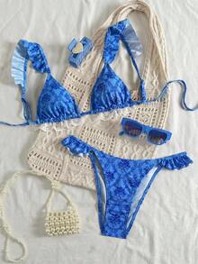 Swim Mod 26SS 女款春夏沙灘裝，女款比基尼套裝，2件式，春夏沙灘度假下午茶野餐清新甜美俏皮可愛宮廷風菱形花卉印花，精緻蕾絲拼接，荷葉袖可調節肩帶，三角杯比基尼，粉色，甜美可愛，優雅女士，適合夏季沙灘、度假旅行、日常穿著 - 藍色 - 查看 2