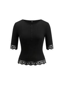 SHEIN Clasi Women's Solid Color Ribbed Crew Neck Button Decor Lace Trim High Elasticity Slim Fit T-Shirt, Casual Elegant Daily Inner Layer Date Black Summer - Black - View 7
