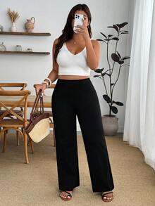 SHEIN PETITE CURVE 大尺碼女款素色休閒百搭日常穿著長褲 秋季 - 黑色 - 查看 6