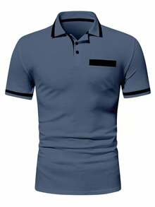 Calvornis 男士對比色短袖休閒通勤 Polo 衫，正式場合適用 - 霧霾藍 - 查看 3