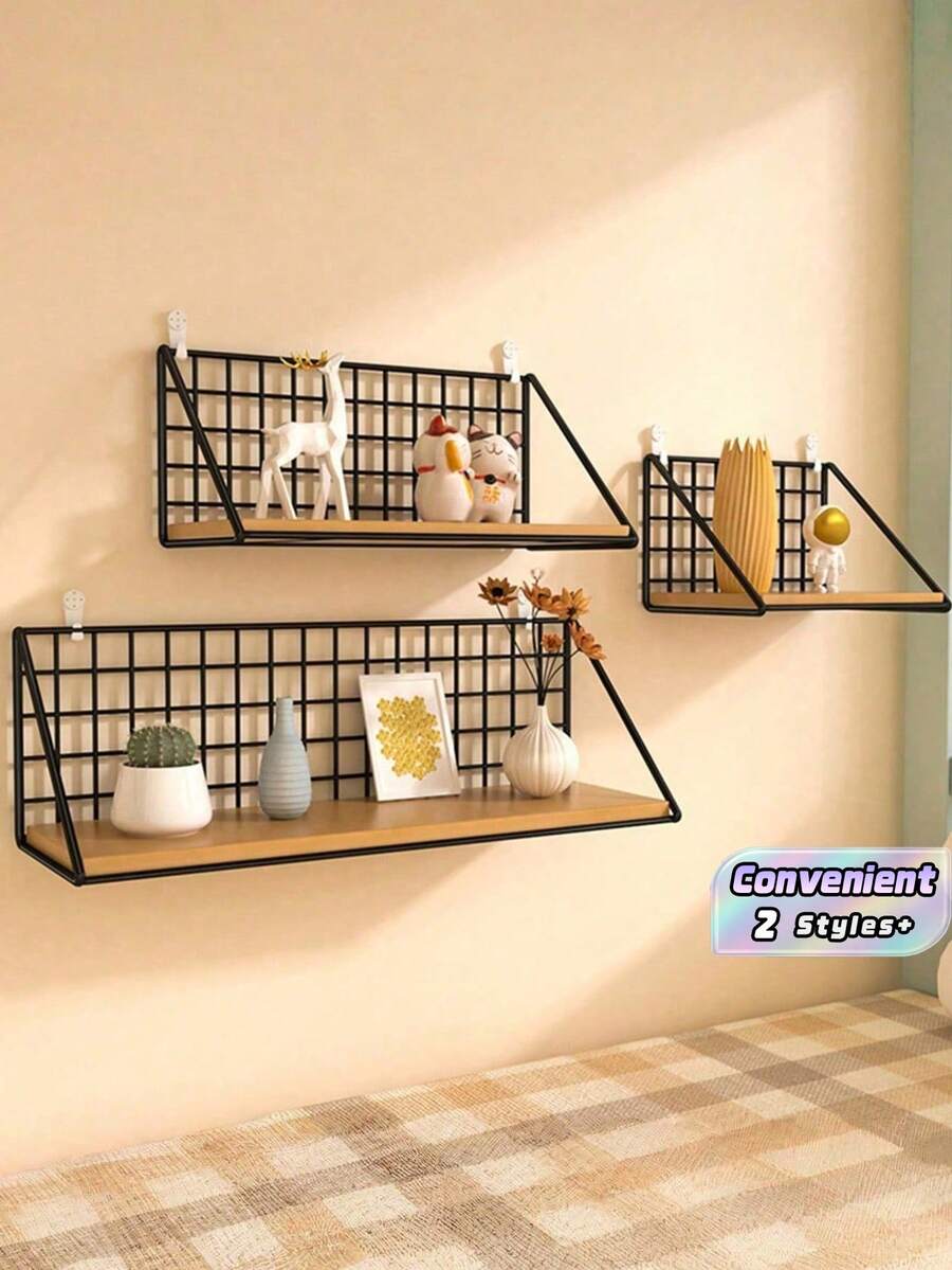 Set Rak Penyimpanan Gantung Dinding Tiga Buah, Rak Gantung Dinding Dekoratif dari Besi dan Kayu dengan Kait, Cocok untuk Pintu Masuk dan Penyimpanan Dinding, Unit Penyimpanan Rumah, Rak Gantung Dinding Sederhana, Rak Gantung Dinding Kayu dengan Keranjang Penyimpanan, Rak Meja Kamar Mandi dan Toilet, Rak Gantung Kamar Tidur dan Ruang Tamu, Dekorasi Dinding, Dekorasi Rumah, Dekorasi Ruangan, Hadiah Ulang Tahun. - Hitam - View 1