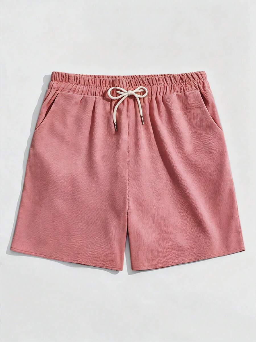 ROMWE MEN Men's Solid Color Drawstring Waist Pocket Casual Shorts - Pink - View 1