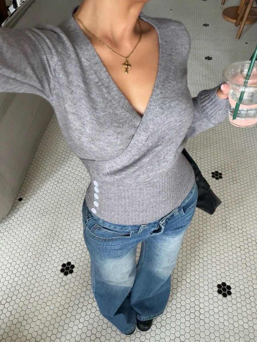 Muchica Women's Solid Color Overlap V-Neck Long Sleeve Button Design Sweater Brunch Grey Autumn Casual - Grey - View 1