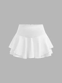 SHEIN Girlism Tween女孩買1件送1件針織素色運動休閒風開學季網球裙褲 夏季款 黑色/棕色/白色 - 彩色 - 查看 6