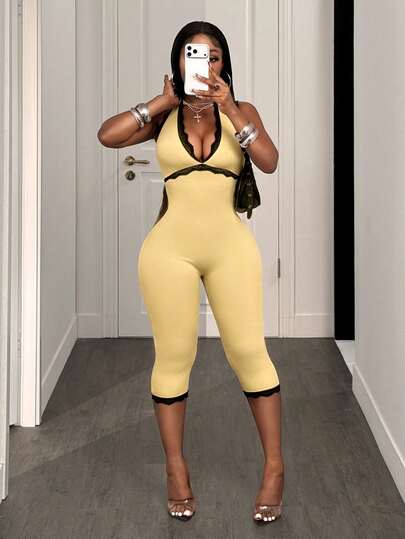 BamGleam Jumpsuit ôm sát cổ yếm hở lưng viền ren gợi cảm cho mùa hè