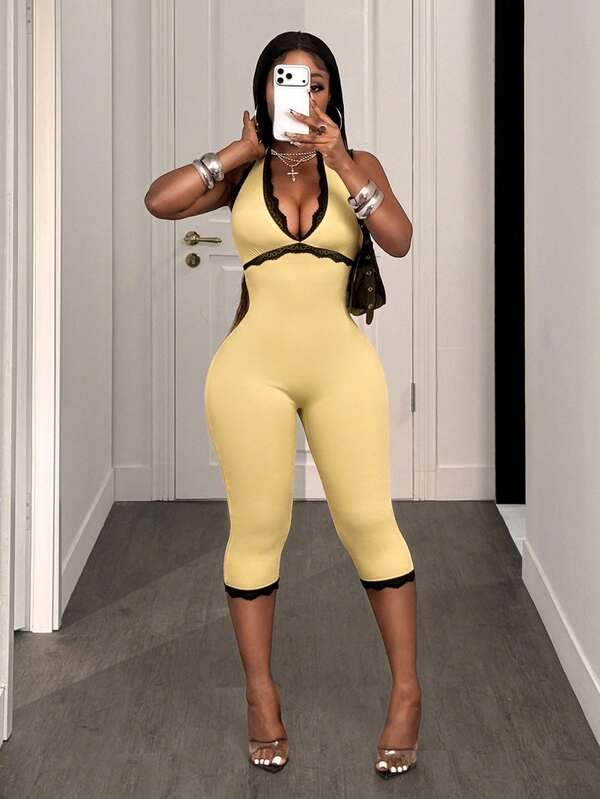 BamGleam Jumpsuit ôm sát cổ yếm hở lưng viền ren gợi cảm cho mùa hè