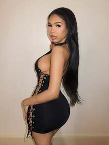 BamGleam Fashion Sexy Backless Halter Hollow Tie Ring Solid Color Mini Dress - Black - View 6