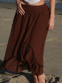 Turnttoni Wide Waistband Rufflea Symmetrical Hem Long Skirt Brown - Brown - View 3