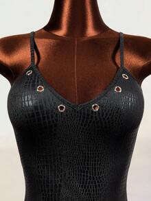 Mistrie Sexy Black Spaghetti Strap Bodycon Mini Dress - Black - View 8