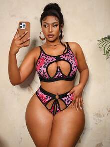 Bare Chapter Sexy Pink Leopard Print Red Lip Plus Size Lingerie Set, Hollow Design Hot Girl 2 Pieces Set - Multicolor - View 3
