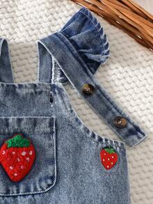SHEIN 2件組女嬰可愛草莓刺繡圍兜褲 柔軟棉質 藍色 夏季親子套裝 - 粉色 - 查看 8