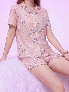 Notgurli Women's Summer Printed Lapel Cardigan Short Sleeve Shorts Casual Simple Comfortable Loungewear Pajama Set - Pink - View 6
