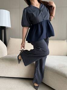 Dazy Plus Fashionable Striped V-Neck Loose Lantern Sleeve Pullover Top And Loose Long Casual Pants Plus Size Women Spring Autumn 2-Piece Set - Navy Blue - View 4