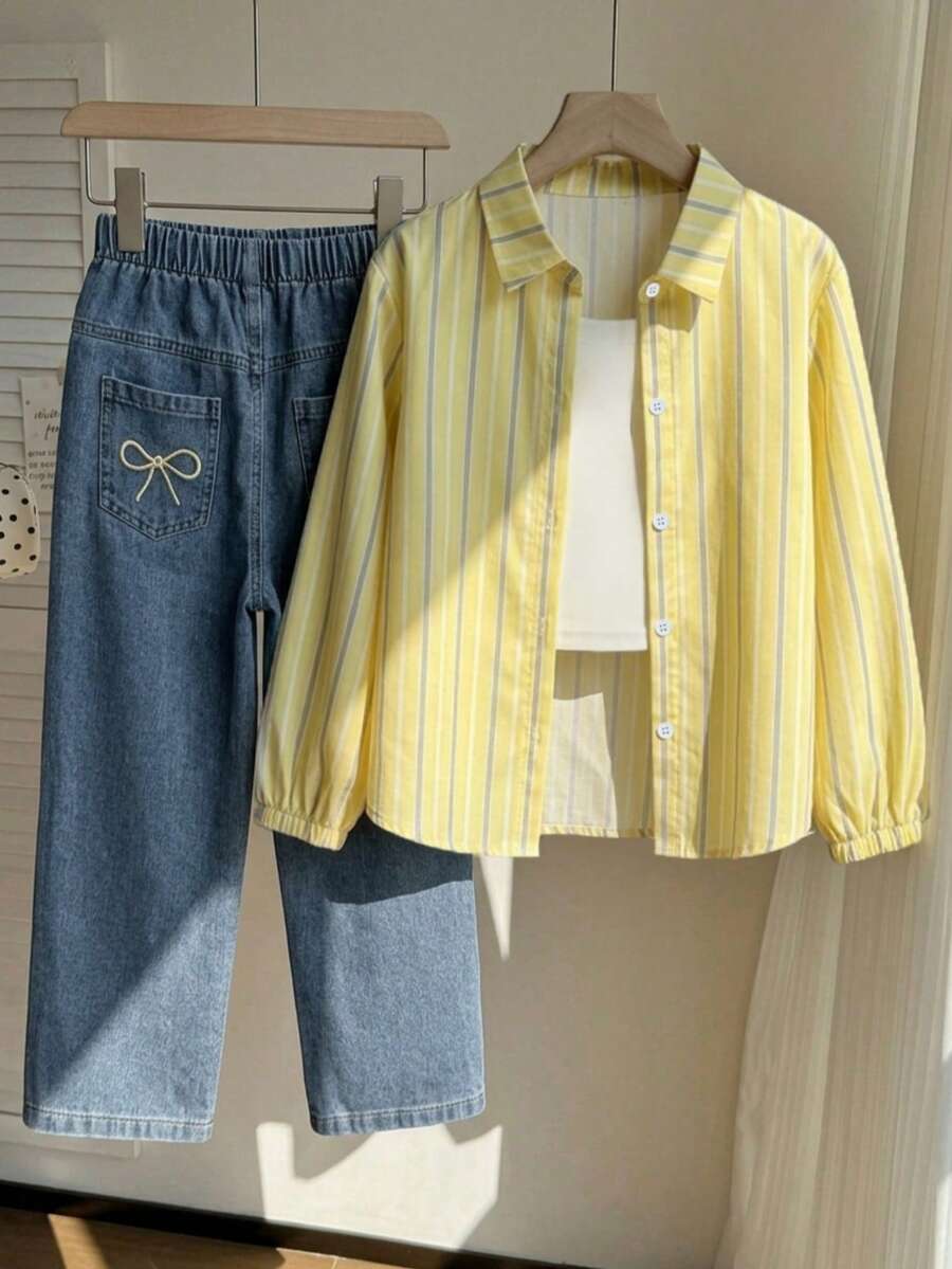 SHEIN 中大童女童春秋條紋長袖上衣2件組，搭配寬鬆淺藍色牛仔褲，甜美休閒套裝，適合日常穿著 - 黃色 - 查看 1