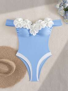 SHEIN Swim 女款度假風針織連身泳衣，3D花朵裝飾與露肩設計，適合派對與海灘 - 彩色 - 查看 6