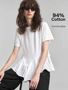 Ontre Camiseta para mujer de color beige, cómoda, de tela premium amigable con la piel, ajustada, cuello redondo, hombros regulares, manga corta, bajo con volantes, estilo moderno, bohemio, para vacaciones, playa, conciertos de música country, estilo occidental, casual, de lujo discreto, estilo old money, para cruceros, minimalista, de lujo silencioso, con textura, esencial, para negocios casual, urbano, para oficina, para desplazamientos urbanos, de alta calidad, para aeropuerto, para todas las estaciones, versátil, serie especial de vacaciones - Blanco - Ver 6