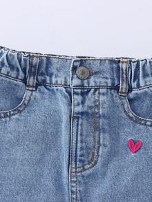 Girls' Denim Skirt, Light Blue Washed Denim, Side Slanted Pockets, Back Double Patch Pockets, Colorful Heart Embroidery, A-Line Straight Mid-Length, Back Slit Design, Suitable For Spring And Autumn, Can Be Paired With T-Shirt, Shirt Or Knitwear, Suitable For Daily Commute, Casual Shopping And Campus Scenes - Light Wash - View 5