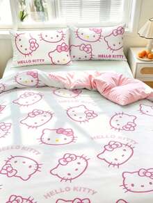 HELLO KITTY AND FRIENDS | SHEIN 3件組可愛卡通印花被套組，磨毛材質，柔軟保暖，多尺寸可選，適用單人床/雙人床/加大雙人床/特大雙人床 - 淺粉色 - 查看 4