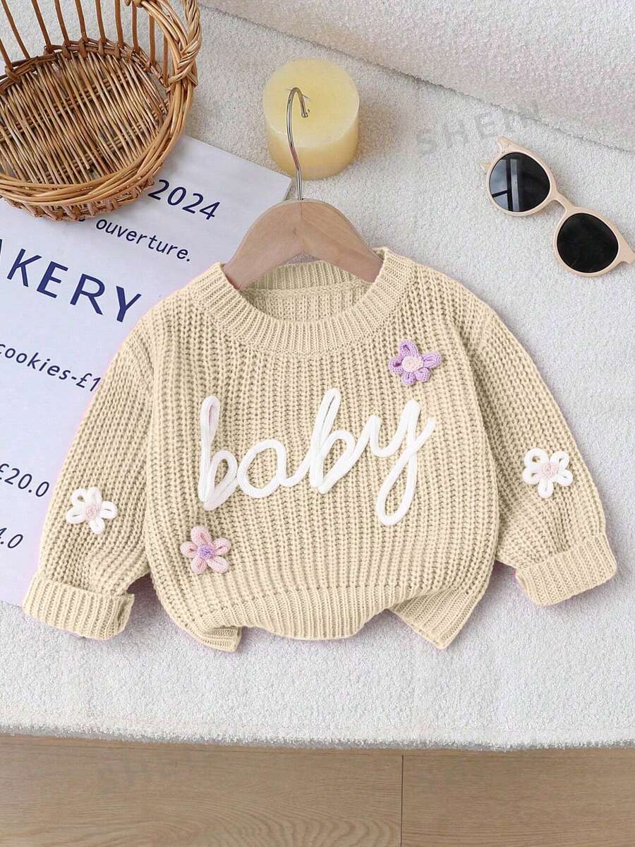 SHEIN 1件女嬰粉色圓領針織衫,附「Baby」刺繡字母與3D花朵裝飾,可愛清新簡約風,適中厚度,下擺整齊 - 杏色 - 查看 1